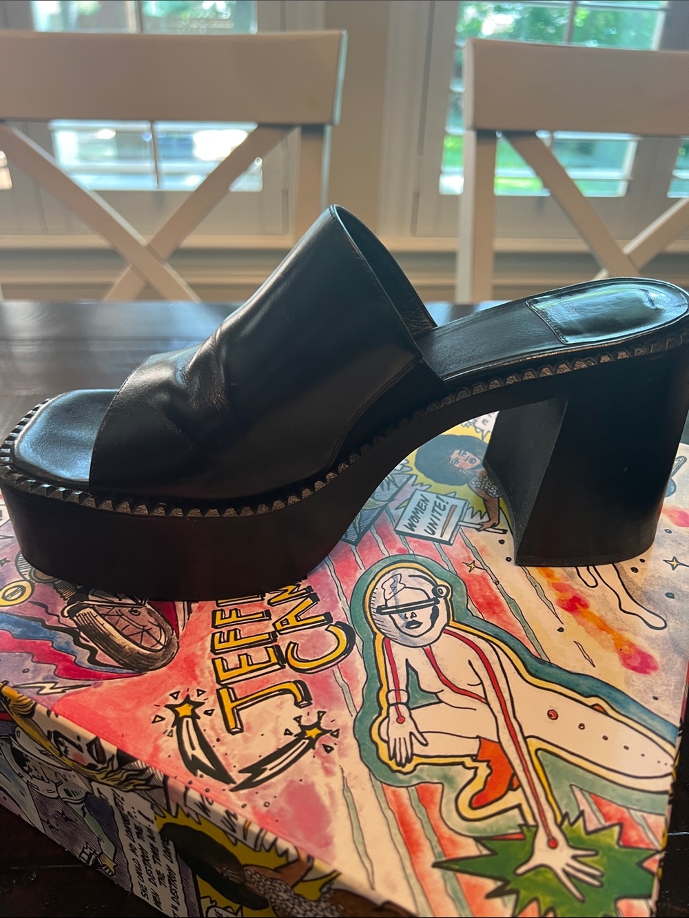 Jeffrey Campbell Black Leather Platform Open-Toe Mule Heels - Picture 2 of 13